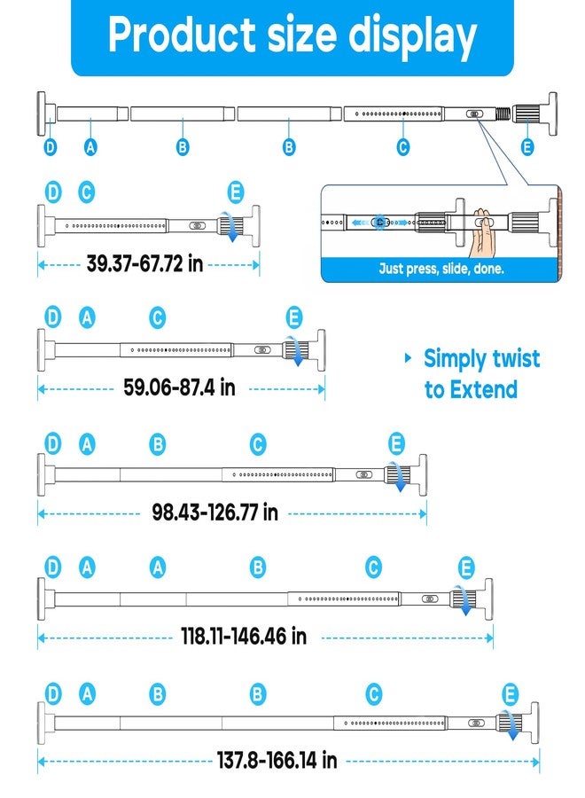 ZipGlo Tension Curtain Rod Black Shower Rod 40-166IN Extra Long Curtain Rods No Drilling Adjustable Tension Rods for Window Shower or Bathroom Outdoor Patio Diameter 1.26In - Image 4