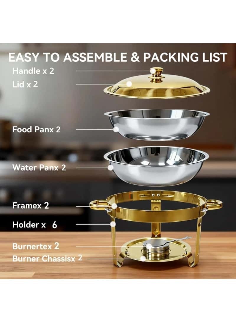 2PCS 4.5L Stainless Steel Chafing Dish Buffet Set Round Food Warmer with Lid & Lid Holder, Stand & Burner for Parties Weddings Catering – Silver/Gold - Image 2