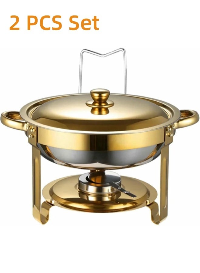 2PCS 4.5L Stainless Steel Chafing Dish Buffet Set Round Food Warmer with Lid & Lid Holder, Stand & Burner for Parties Weddings Catering – Silver/Gold - Image 1