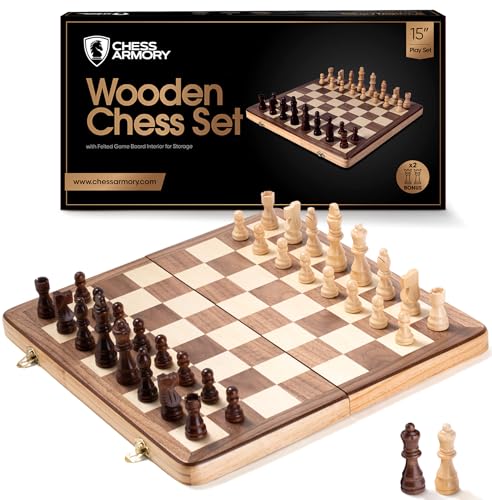 Chess Armory Wooden Chess Set 15 Inch - Classic Handcrafted Game Board for Adults and Kids with Extra Queen Pieces and Storage Box - Ideal for Home and Travel - Non-Magnetic - Image 1
