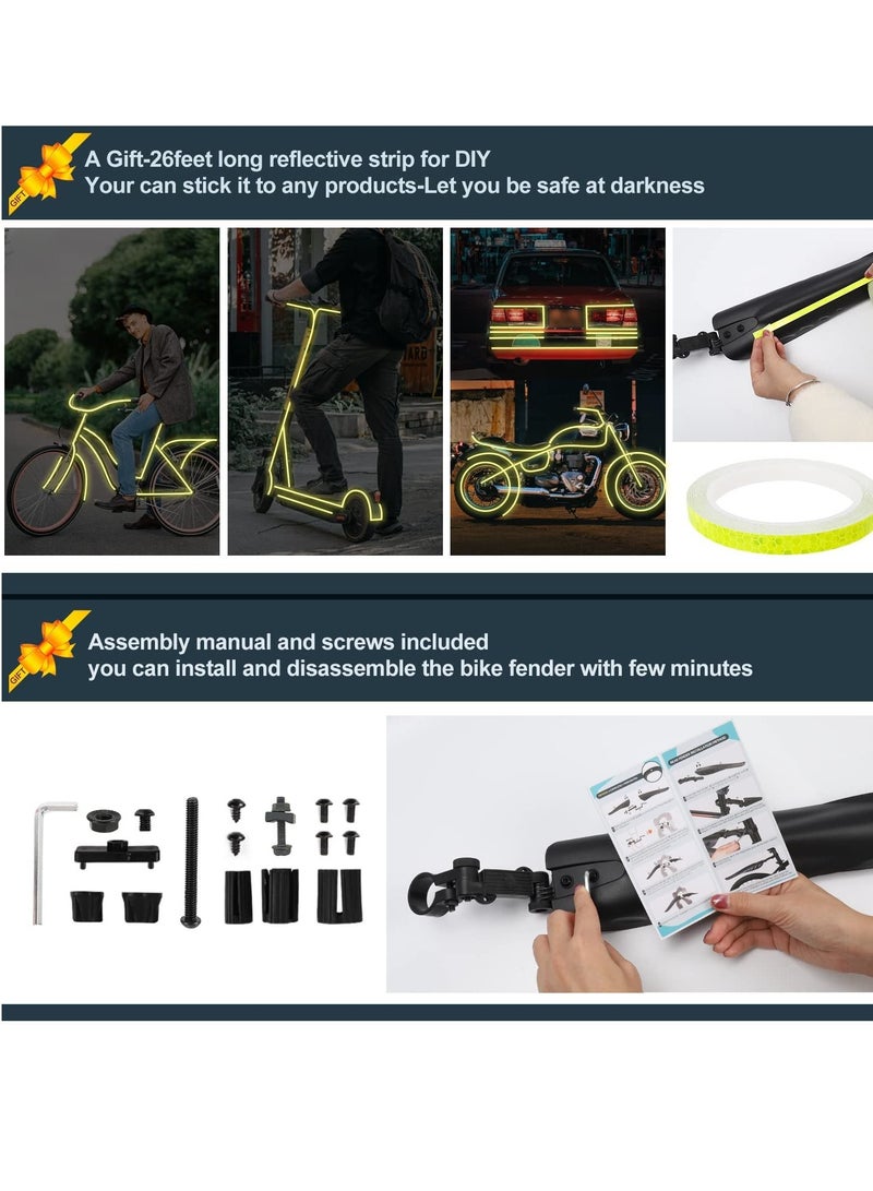 Bike Fender Set with 26ft DIY Reflective Tape, Adjustable Bicycle Fenders for 22in 24in 26in 27.5in, 3 Parts-Universal Full Cover Thicken Widen, Front/Rear Mud Guards Fit MTB Mountain Road