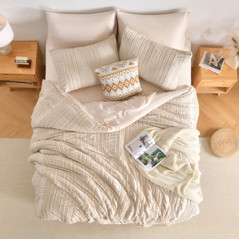 DHSFKBE Beige Tufted Comforter Set Queen Size 7 Piece Bed in a Bagï¼ŒShabby Chic Boho Bedding for Bedroom Comforterï¼ŒAll Season Soft Microfiber Ruffle Comforter Set with Pillow and Sheets - Image 3