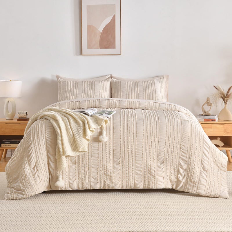 DHSFKBE Beige Tufted Comforter Set Queen Size 7 Piece Bed in a Bagï¼ŒShabby Chic Boho Bedding for Bedroom Comforterï¼ŒAll Season Soft Microfiber Ruffle Comforter Set with Pillow and Sheets - Image 2