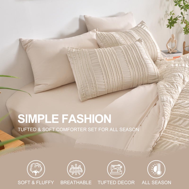 DHSFKBE Beige Tufted Comforter Set Queen Size 7 Piece Bed in a Bagï¼ŒShabby Chic Boho Bedding for Bedroom Comforterï¼ŒAll Season Soft Microfiber Ruffle Comforter Set with Pillow and Sheets - Image 4