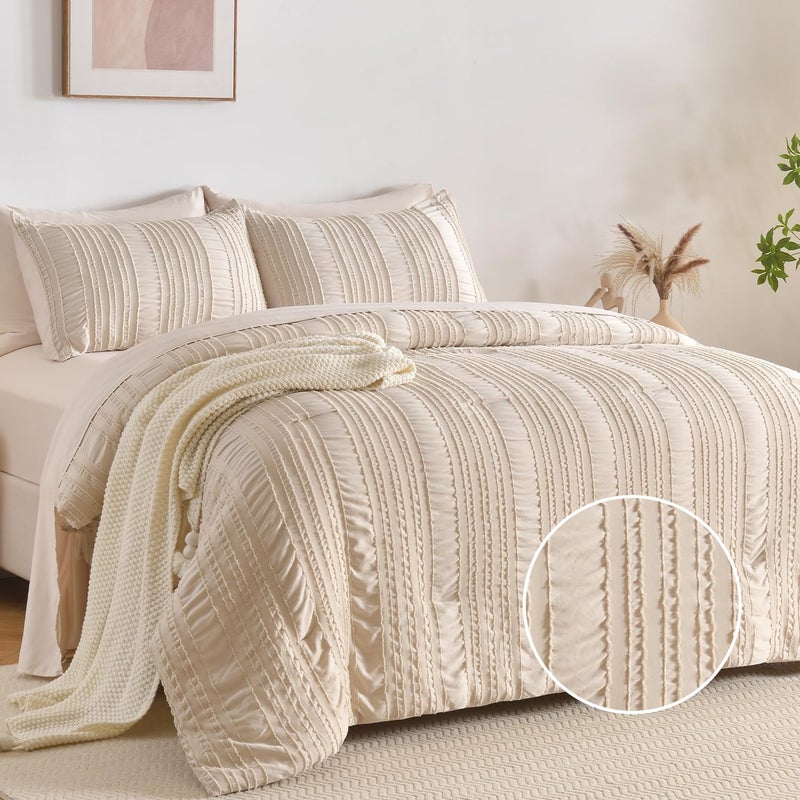 DHSFKBE Beige Tufted Comforter Set Queen Size 7 Piece Bed in a Bagï¼ŒShabby Chic Boho Bedding for Bedroom Comforterï¼ŒAll Season Soft Microfiber Ruffle Comforter Set with Pillow and Sheets - Image 1