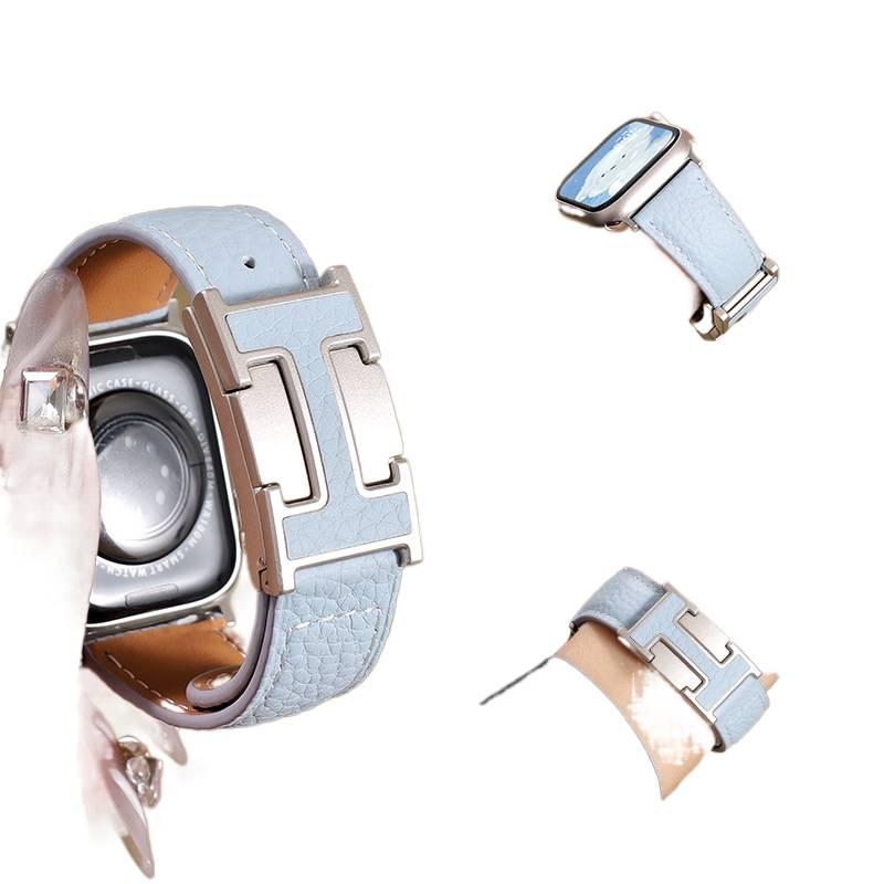 سوار ساعة ذكية سوار جلدي كلاسيكي متوافق مع Apple Watch 38/40/41/42/44/45/49mm بملاءمة قابلة للتعديل وحزام بديل باللون أزرق قابل للتعديل - Image 5