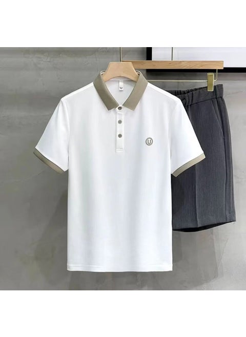 Summer Breathable Quick-dry Short Sleeve T-shirt Mens Trendy Casual Commute Lapel Polo Shirt Thin Top 6031-white