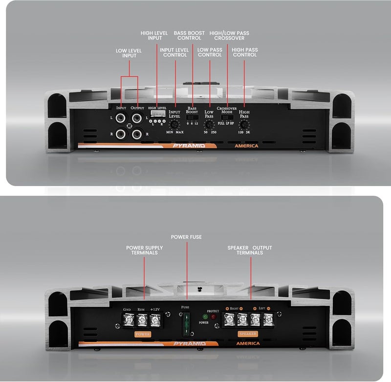 Pyramid 2 Channel Car Stereo Amplifier 5000W High Power 2Channel Bridgeable Audio Sound Auto Small Speaker Amp Box wMOSFET Crossover Bass Boost Control Silver Plated RCA Input Output PB3818 - Image 2