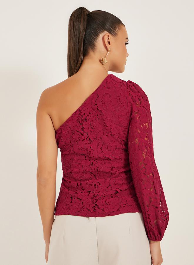 Styli One Shoulder Balloon Sleeve Lace Blouse - Image 5