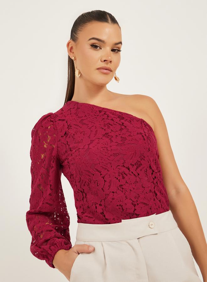 Styli One Shoulder Balloon Sleeve Lace Blouse - Image 1