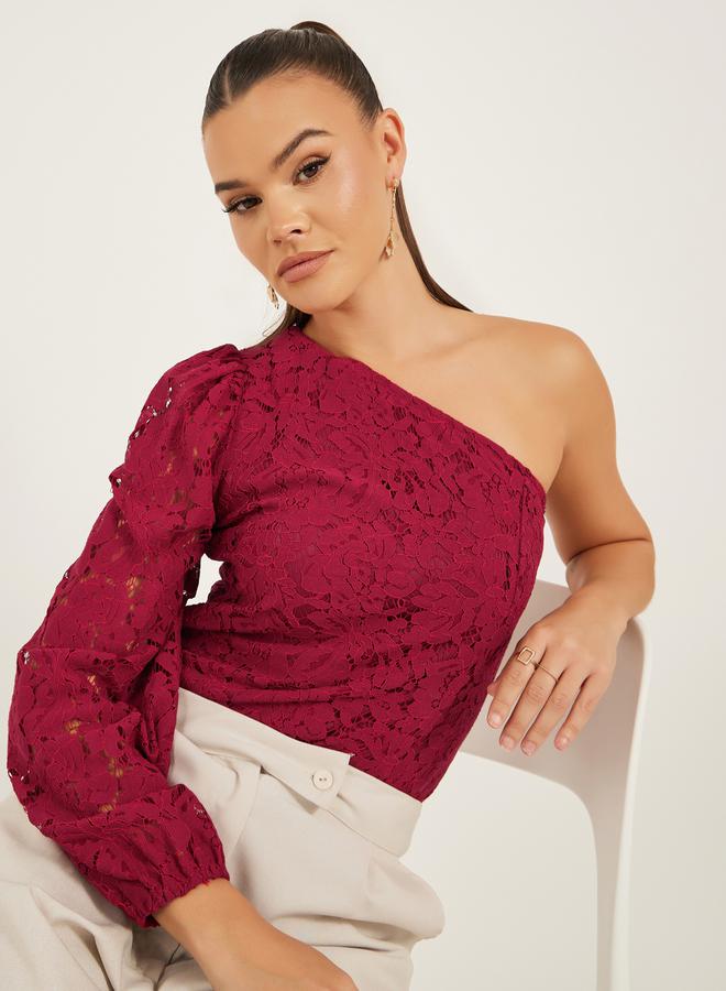Styli One Shoulder Balloon Sleeve Lace Blouse - Image 3