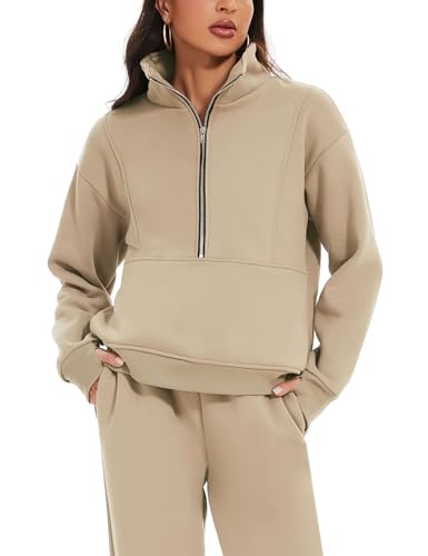 Eisctnd Womens Fleece 2 Piece Sweatsuit Lounge Set Long Sleeve Sweatshirt Jogger Pants Tracksuit Sweatsuit 2024 Fall Sets(LightKhaki-S) - Image 2