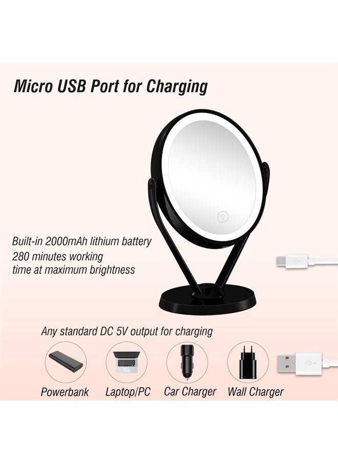Aesfee - Double-Sided 1x/7x Magnification LED Makeup Mirror with Lights, Lighted Vanity Magnified Mirror USB Chargeable, Touch Sensor Control 3 Light Settings Illuminated Countertop Mirrors - Black - Image 1