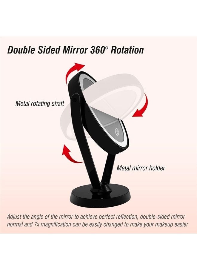 Aesfee - Double-Sided 1x/7x Magnification LED Makeup Mirror with Lights, Lighted Vanity Magnified Mirror USB Chargeable, Touch Sensor Control 3 Light Settings Illuminated Countertop Mirrors - Black - Image 1