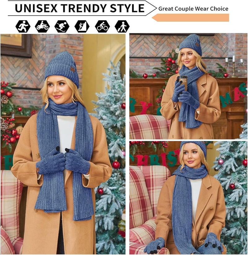 AQOTHES Womens Winter Knit Warm Hat Beanie Long Scarf Touch Screen Gloves Set Skull Caps Neck Scarves for Women - Image 5