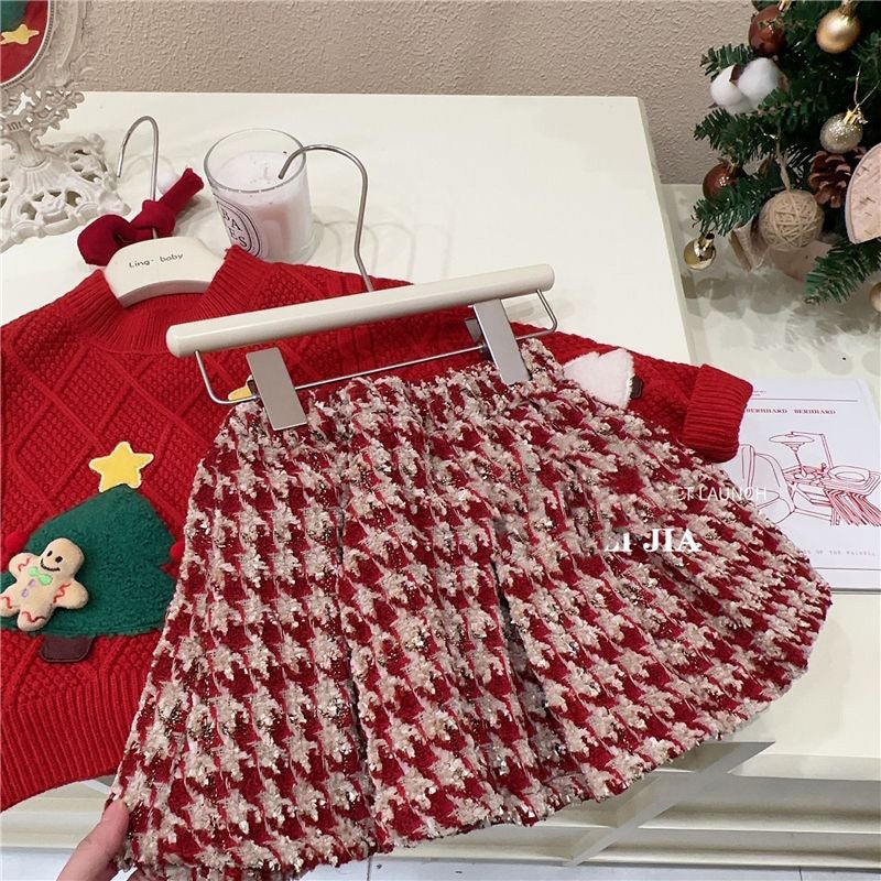 Girls Christmas Wear Sweater 2024 Autumn and Winter New Childrens Baby Cute Bear Knitted Outer Wear Top Red Skirt 