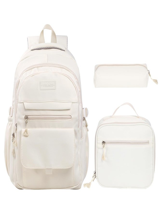 Phaoullzon Teen Girls School Backpack with Lunch Box for Boys, College Aesthetic Laptop Bookbag for Women,Beige - Image 1