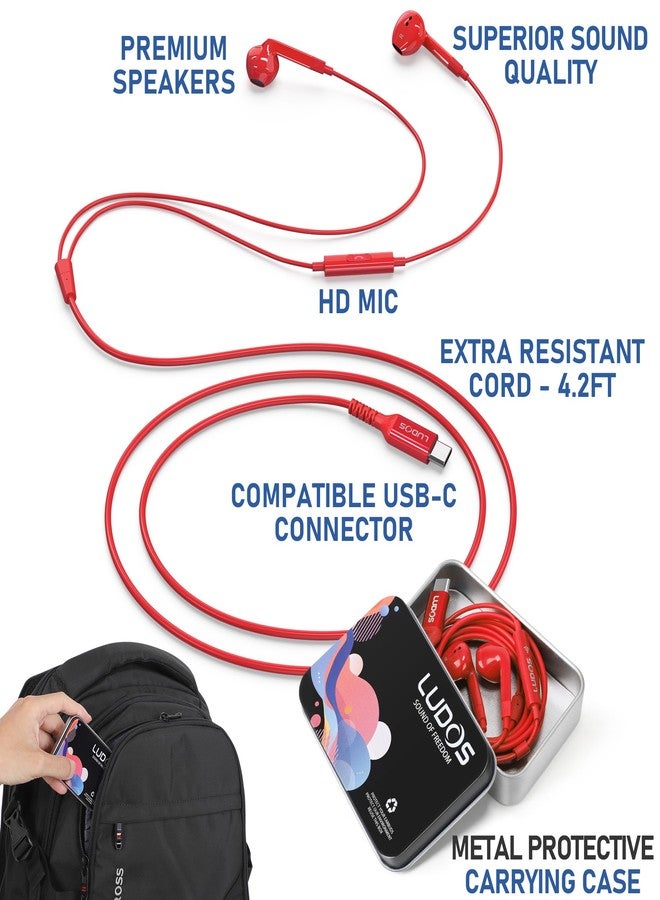 LUDOS Ferox USB C Headphones, 5 Year Warranty for iPhone 15 Pro Max Plus Samsung Galaxy S23 Ultra S22 S21 FE S20 A53 A54, USB Type C Earphones with Microphone In-Ear with Cable for iPad Pro - Red - Image 3