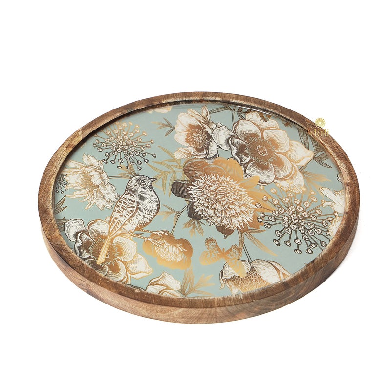 DULI طبق تقديم دائري متعدد الاستخدامات مطلي بالمينا من DULI في خشب المانجو | صينية تقديم للمنزل وطاولة الطعام | صينية متعددة الاستخدامات | طبق تقديم للوجبات الخفيفة صينية دائرية (طبق خشبي - رمادي ذهبي طيور) - Image 1