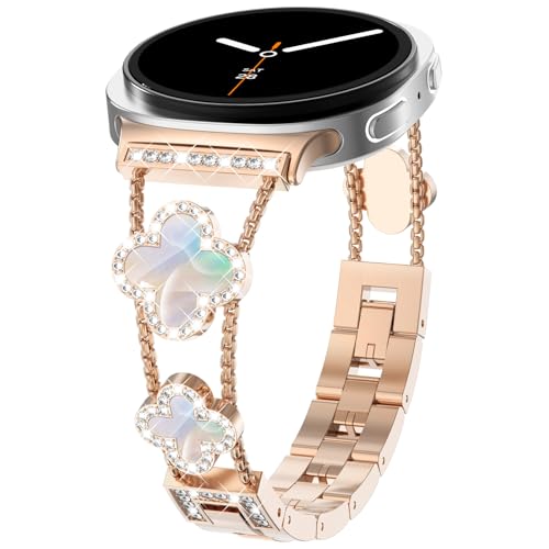 WINGLE Compatible for Galaxy Watch 8 Band Samsung Galaxy Watch 8 Classic Band 40mm 44mm 46mm, Four/4 Leaf Clover Bling Diamond Rhinestone Bracelet Women Galaxy Watch8 Bands, Rose Gold/Iridescent - Image 1