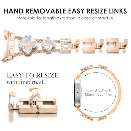 WINGLE Compatible for Galaxy Watch 8 Band Samsung Galaxy Watch 8 Classic Band 40mm 44mm 46mm, Four/4 Leaf Clover Bling Diamond Rhinestone Bracelet Women Galaxy Watch8 Bands, Rose Gold/Iridescent - Image 5