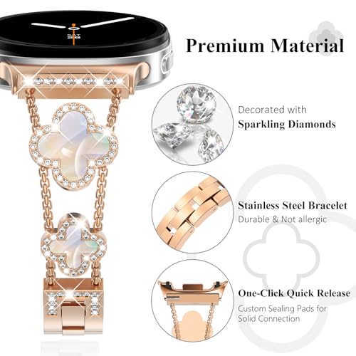 WINGLE Compatible for Galaxy Watch 8 Band Samsung Galaxy Watch 8 Classic Band 40mm 44mm 46mm, Four/4 Leaf Clover Bling Diamond Rhinestone Bracelet Women Galaxy Watch8 Bands, Rose Gold/Iridescent - Image 3