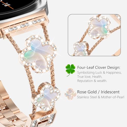 WINGLE Compatible for Galaxy Watch 8 Band Samsung Galaxy Watch 8 Classic Band 40mm 44mm 46mm, Four/4 Leaf Clover Bling Diamond Rhinestone Bracelet Women Galaxy Watch8 Bands, Rose Gold/Iridescent - Image 4