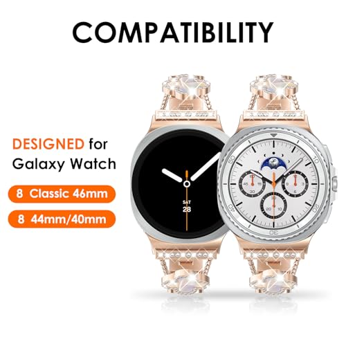 WINGLE Compatible for Galaxy Watch 8 Band Samsung Galaxy Watch 8 Classic Band 40mm 44mm 46mm, Four/4 Leaf Clover Bling Diamond Rhinestone Bracelet Women Galaxy Watch8 Bands, Rose Gold/Iridescent - Image 2