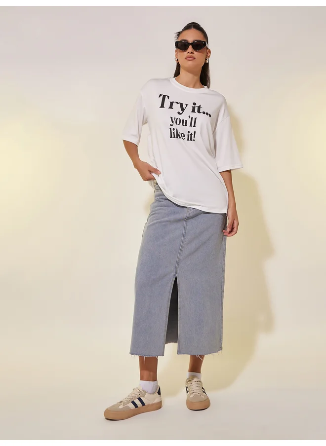 تايك تو Take Two Slogan Print Round Neck Oversized T-Shirt