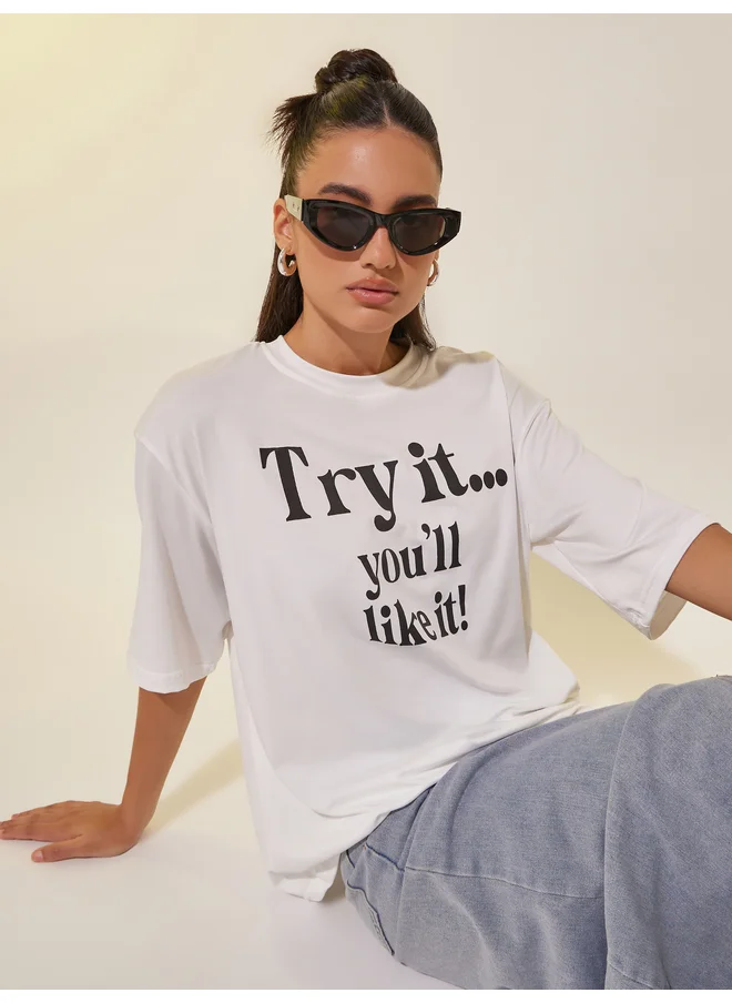 تايك تو Take Two Slogan Print Round Neck Oversized T-Shirt