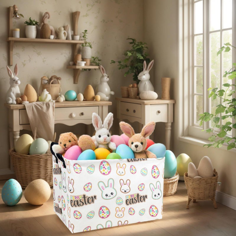 NIETEIN Kid Large Empty Easter Basket Personalized Fabric Bunny Easter Basket for Boy and Girl (Happy Rabbit Easter Egg) - Image 3