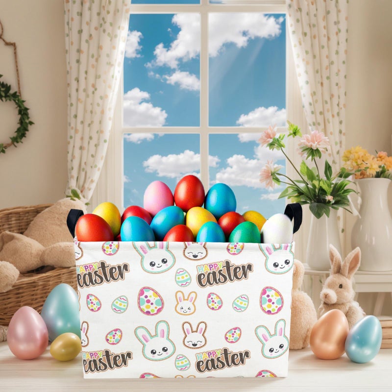 NIETEIN Kid Large Empty Easter Basket Personalized Fabric Bunny Easter Basket for Boy and Girl (Happy Rabbit Easter Egg) - Image 2