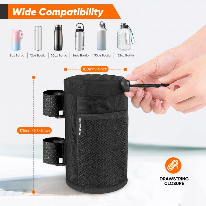 Belinous Scooter Cup Holder for 8-32oz Bottles, Wheelchair Walker Water Bottle Holder for UTV Roll Bar Bike e-Bike Golf Cart and Boat, Drink Holder with Net Pockets and Hook and Loop Straps - Image 3