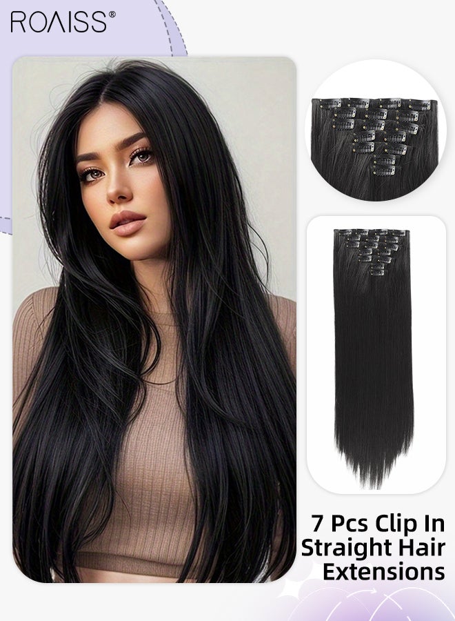 رويس 7 قطع من وصلات الشعر الطويلة المستقيمة، غير مرئية وقابلة للتعديل، مصنوعة من شعر صناعي طويل مقاوم للحرارة مع 16 مشبكًا للنساء، لون أسود طبيعي، 56 سم (22 بوصة) - Image 1