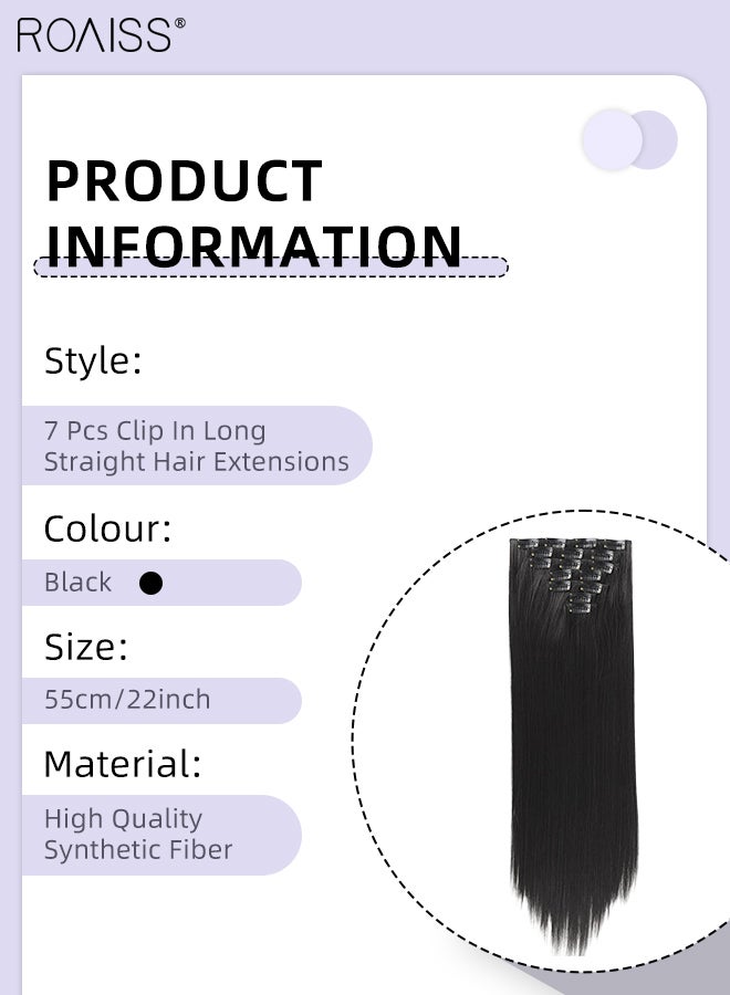 رويس 7 قطع من وصلات الشعر الطويلة المستقيمة، غير مرئية وقابلة للتعديل، مصنوعة من شعر صناعي طويل مقاوم للحرارة مع 16 مشبكًا للنساء، لون أسود طبيعي، 56 سم (22 بوصة) - Image 3