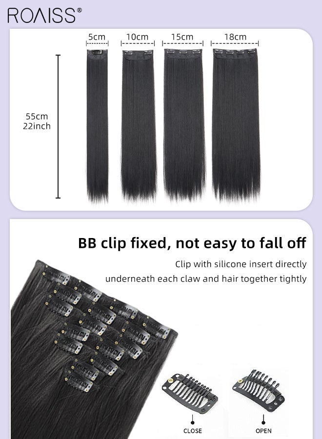 رويس 7 قطع من وصلات الشعر الطويلة المستقيمة، غير مرئية وقابلة للتعديل، مصنوعة من شعر صناعي طويل مقاوم للحرارة مع 16 مشبكًا للنساء، لون أسود طبيعي، 56 سم (22 بوصة) - Image 4