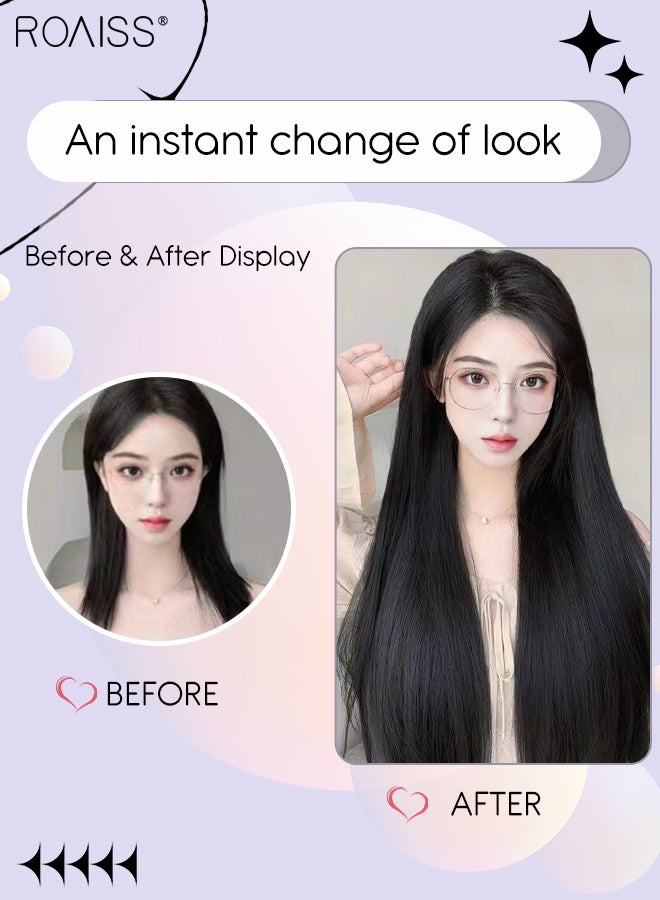رويس 7 قطع من وصلات الشعر الطويلة المستقيمة، غير مرئية وقابلة للتعديل، مصنوعة من شعر صناعي طويل مقاوم للحرارة مع 16 مشبكًا للنساء، لون أسود طبيعي، 56 سم (22 بوصة) - Image 2