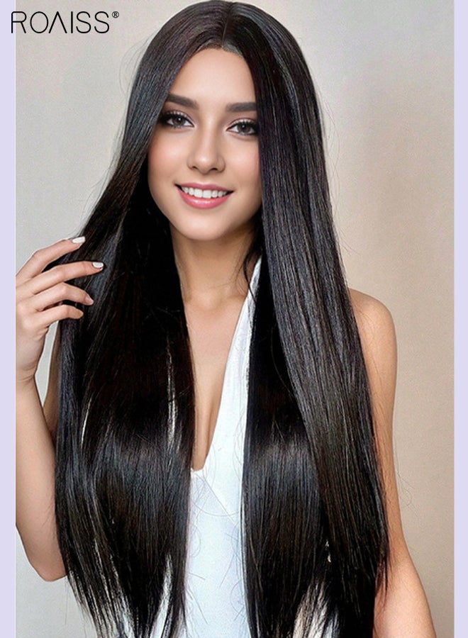 رويس 7 قطع من وصلات الشعر الطويلة المستقيمة، غير مرئية وقابلة للتعديل، مصنوعة من شعر صناعي طويل مقاوم للحرارة مع 16 مشبكًا للنساء، لون أسود طبيعي، 56 سم (22 بوصة) - Image 5