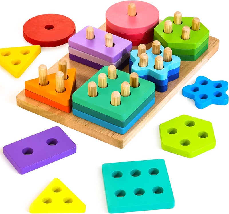 HELLOWOOD Wooden Sorting Stacking Toys Montessori Toys for 1 2 3 Years Old Toddlers Shape Sorter Puzzles with 24Piece Large Geometric Blocks 12 Word Cards Gift for 12 Months Baby Boys Girls - Image 2