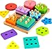 HELLOWOOD Wooden Sorting Stacking Toys Montessori Toys for 1 2 3 Years Old Toddlers Shape Sorter Puzzles with 24Piece Large Geometric Blocks 12 Word Cards Gift for 12 Months Baby Boys Girls - Image 3