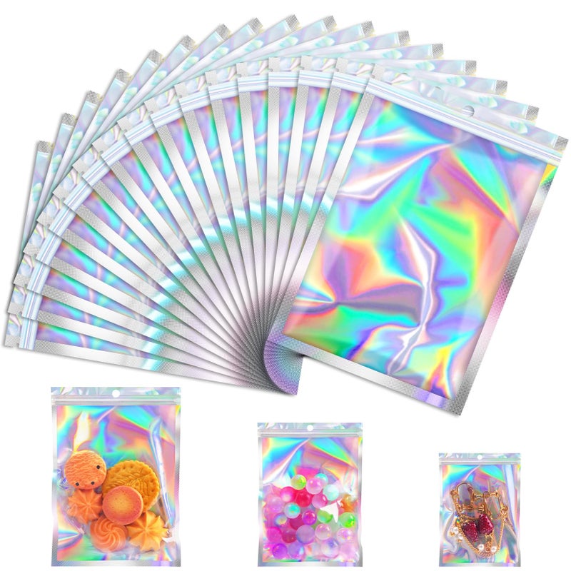 Jetmore 100 Pcs Smell Proof Bag Zip Lock Mylar Bags with Clear Window Resealable Holographic Bag for Gift Jewelry Snack Candy Treat Small Business Packaging Bags Small Goody Baggies 4x6in