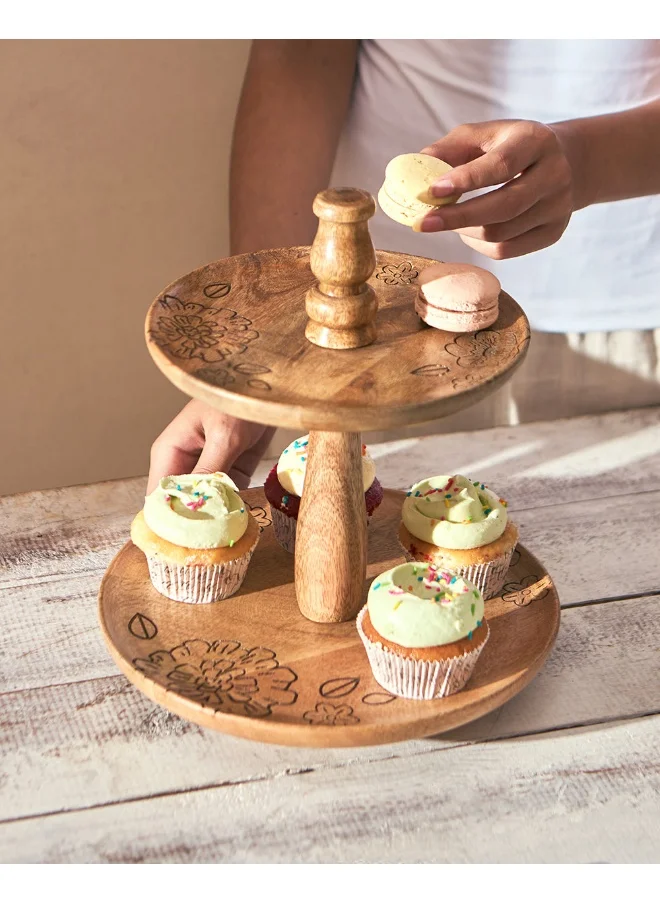 تشامباك Chumbak Farmhouse Wooden Serveware Stand | Two-Tiered Round Stand, Cupcake stand Cheese Board Platter, Home Party Decor Housewarming Gift