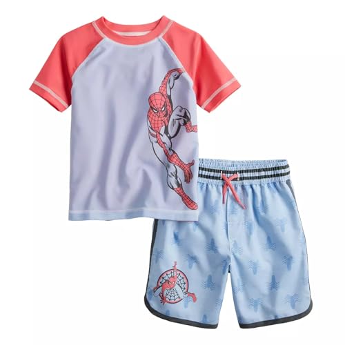 Marvel Spiderman Boys Swim Trunks and Rash Guard Set - Spidey Toddler Boys Swimsuit Swimwear - 3T Light Blue - Image 1