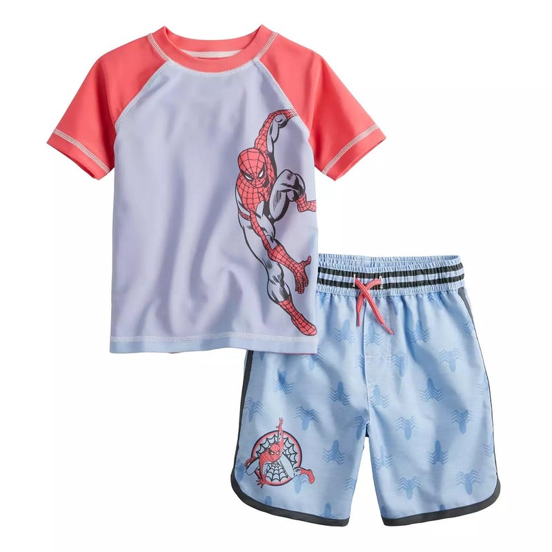 Marvel Spiderman Boys Swim Trunks and Rash Guard Set - Spidey Toddler Boys Swimsuit Swimwear - 3T Light Blue - Image 4