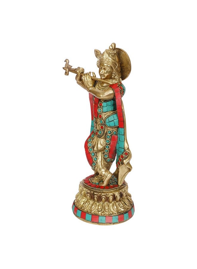 ARTVARKO Brass Lord Krishna Statue Playing Flute On Round Double Lotus Base Multicolor Gemstone Handwork Home Decor Gift Item Height 10 Inch - Image 4