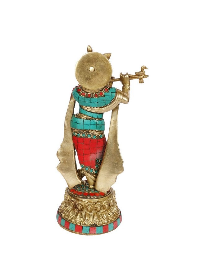 ARTVARKO Brass Lord Krishna Statue Playing Flute On Round Double Lotus Base Multicolor Gemstone Handwork Home Decor Gift Item Height 10 Inch - Image 5