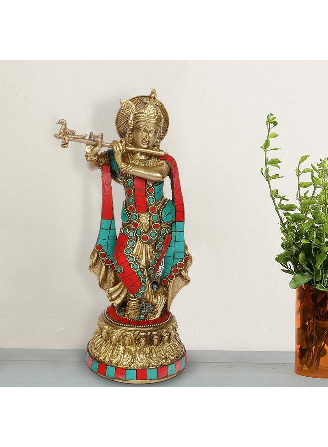 ARTVARKO Brass Lord Krishna Statue Playing Flute On Round Double Lotus Base Multicolor Gemstone Handwork Home Decor Gift Item Height 10 Inch - Image 1