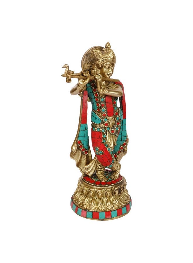 ARTVARKO Brass Lord Krishna Statue Playing Flute On Round Double Lotus Base Multicolor Gemstone Handwork Home Decor Gift Item Height 10 Inch - Image 3