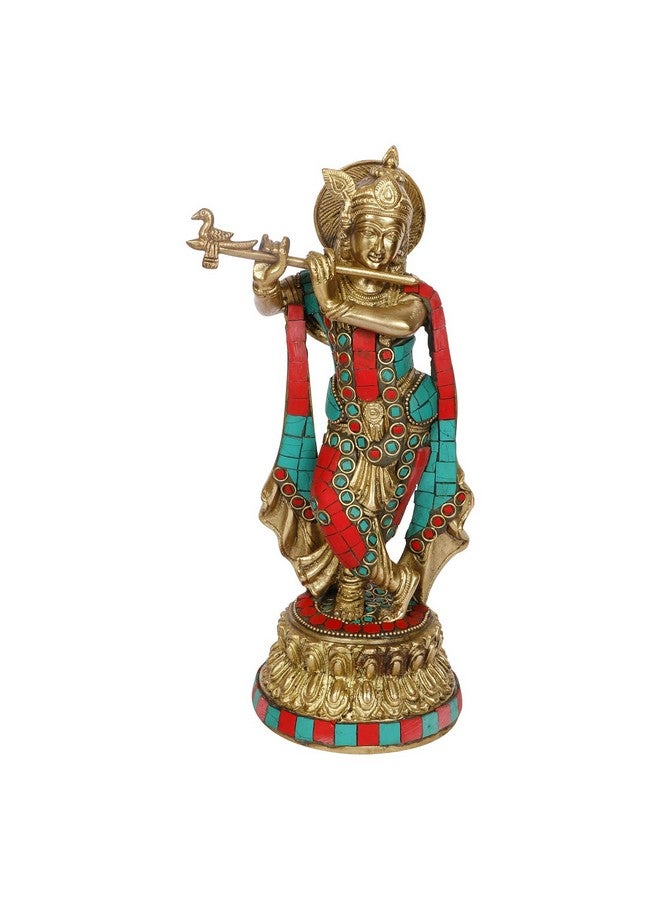 ARTVARKO Brass Lord Krishna Statue Playing Flute On Round Double Lotus Base Multicolor Gemstone Handwork Home Decor Gift Item Height 10 Inch - Image 2