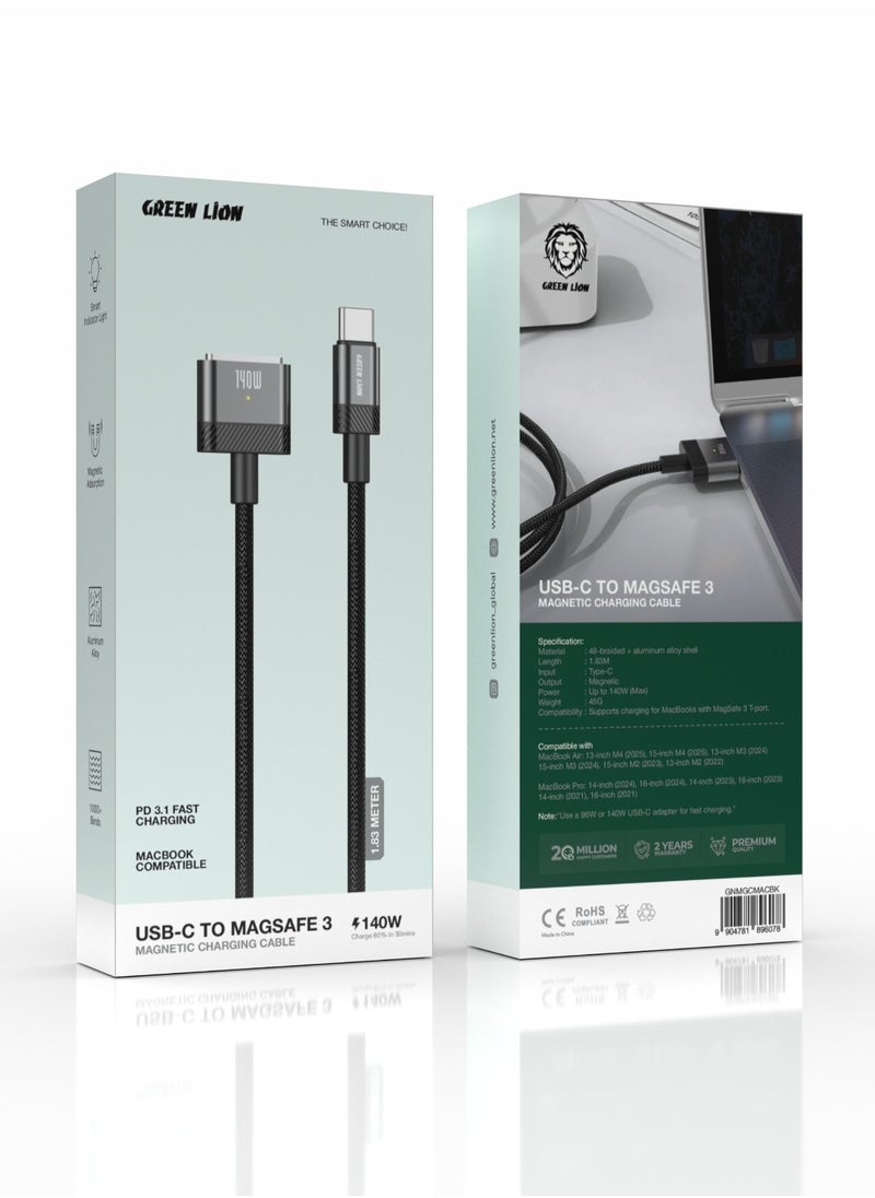 USB-C to MagSafe 3 Magnetic Charging Cable 140W Power/ PD 3.1 Fast Charging/ 1.83M Length/Magnetic Adsorption/ Macbook Charger - Black